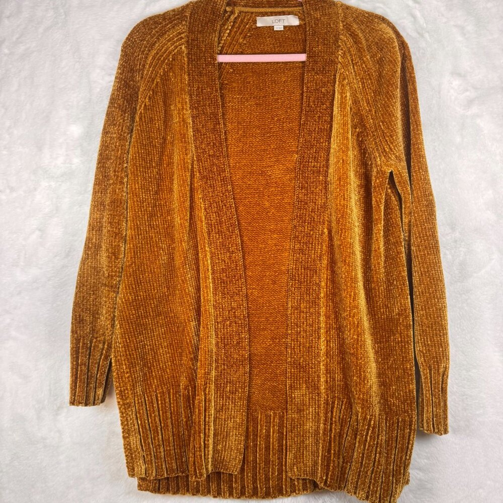 A0006 Loft Gold Mustard Yellow Chenille Long Cardigan XS - Picture 2 of 14